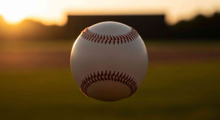 Baseball ball flying in the sunset, soft focus, blurred background