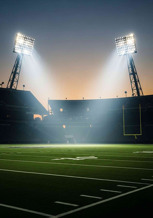 Football stadium at night with spotlights and grass field ready for game