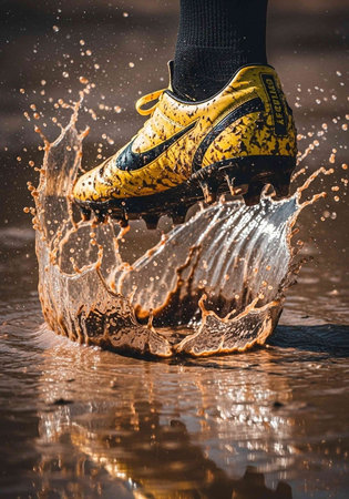 Running shoes in water, closeup of legs running in water with splashes