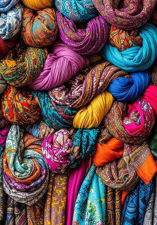 Colorful scarfs for sale at a market in India, Asia