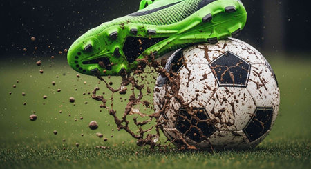 Soccer ball with green and black boots on green grass. Soccer game concept