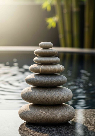 Stack of zen stones in the pool. Zen and harmony concept.