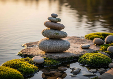 zen stones on the shore of the lake, meditation, harmony, balance