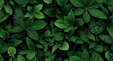 Green leaves background with water drops. Top view. 3d rendering