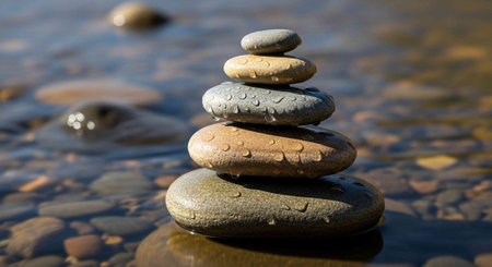 Pyramid of pebbles on the water. Zen concept.