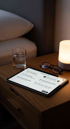 Tablet pc with glasses on a bedside table