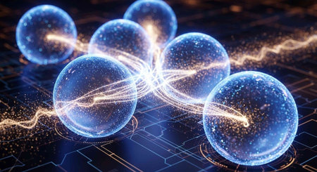 Futuristic technology background with glowing lines and spheres. 3D rendering