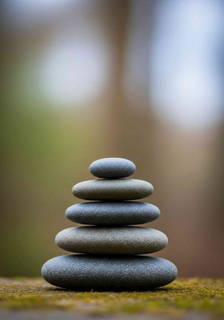 Stack of zen stones on a mossy surface.