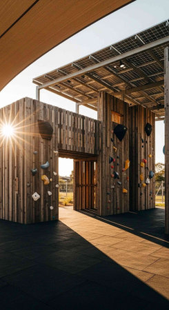 3d render of a children's playground in the park at sunset