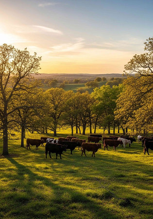 Cows grazing in the meadow at sunset, with trees in the background
