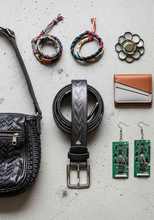Women's accessories on a concrete background. Top view, flat lay