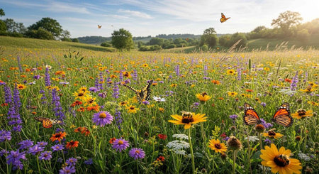 Summer meadow with wildflowers and butterflies. Beautiful nature scene.