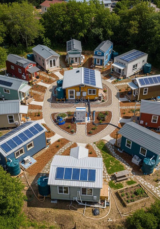 Aerial view of a small town with solar panels on the roof.