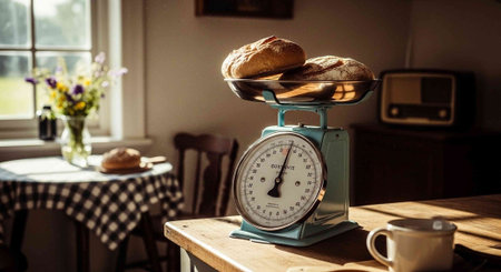 Bread on a vintage scale in a rustic country kitchen.