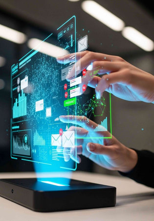 business, technology, internet and networking concept - close up of woman hands with tablet pc computer and virtual screens