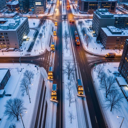 Aerial view of a highway in the city during snowfall.