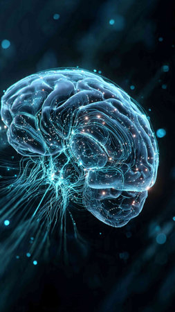 3d illustration of human brain with glowing dots on black background.