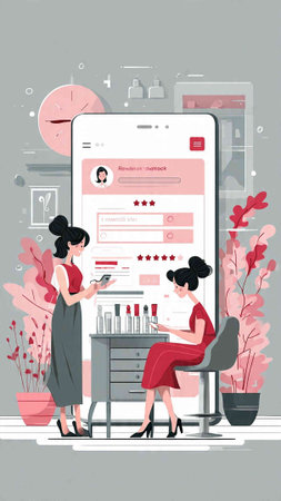 Flat design vector illustration of woman using mobile phone for online shopping.