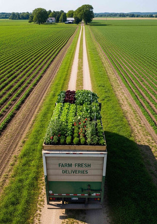 Aerial view of a trailer loaded with plants on a farm field