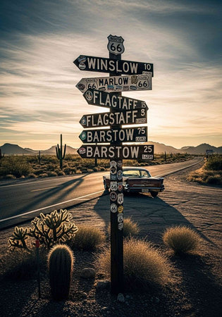 Road signs in the Mojave Desert, California, United States.