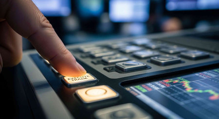 Close up of hand pressing button on ATM machine, business and finance concept