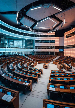 Interior of a conference hall with rows of empty chairs and tables