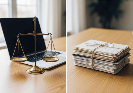 Laptop and stack of documents on table. Lawyer concept.
