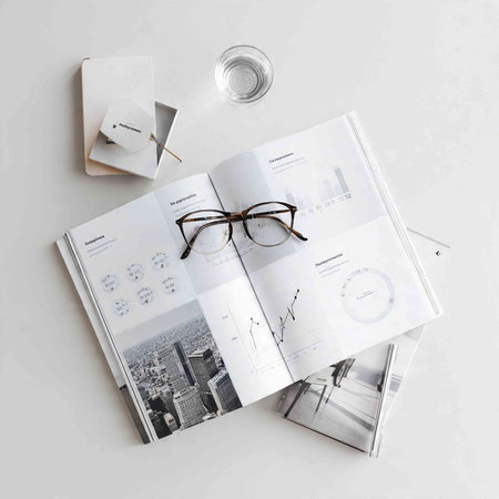 Top view of open book with blank pages and eyeglasses on white background