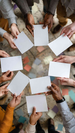 Group of diverse people holding blank white sheets of paper with copy space