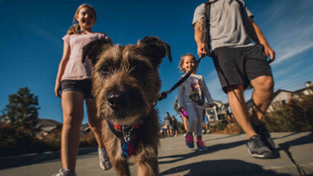Group of friends walking with dog in the park on a sunny day