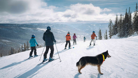 Group of skiers and dog on the mountain slope. Winter sports