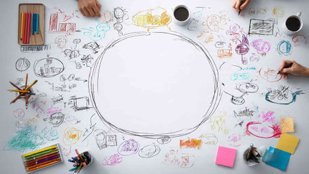 Top view of business people hands drawing sketches on white desk with coffee