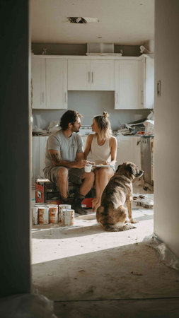Couple in love with a dog in a new apartment. A man and a woman are sitting on the floor.