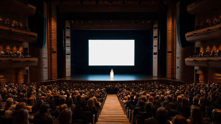 Cinema auditorium with empty white screen and audience in the background