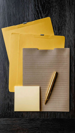 Envelopes and pen on wooden background. Top view with copy space