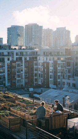 Two men on the roof of a modern apartment building in the city.