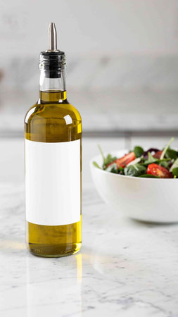 Bottle of olive oil with blank label and saladle table