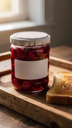 Strawberry jam in a glass jar and toast on a wooden tray