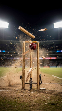 Cricket batsman hitting the ball on the field at night