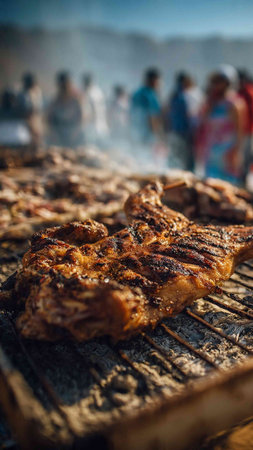 grilled chicken on the grill with people on the background, close-up