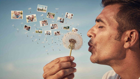 Young man blowing dandelion seeds with photos flying out of it