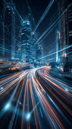 light trails on the modern building background in shanghai china.