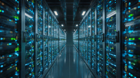 server room data center with rows of server racks. 3d render