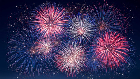 Colorful fireworks of various colors over night sky background, celebration concept