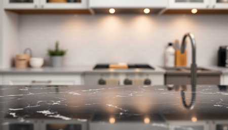Closeup of marble countertop in modern kitchen with blurred bokeh background