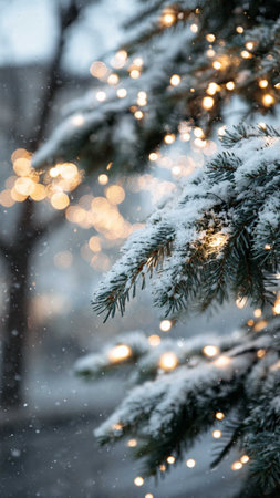 Christmas tree branches covered with snow and bokeh lights in winter