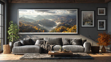 interior with grey sofa, 3d Illustration, picture frame