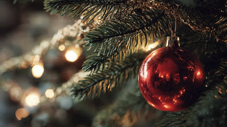 Christmas tree with red ball and bokeh lights, close up