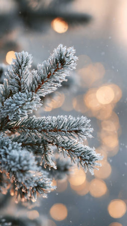 Fir branches covered with hoarfrost against the background of blurred lights