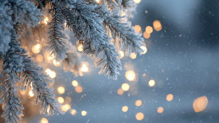 Christmas tree branches in the snow with bokeh lights. Winter background